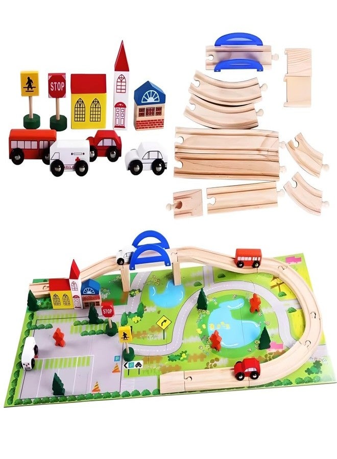 Busy Brain Wooden Rail Over Pass Set, 40 Piece City Building Blocks with Overpass Track, Vehicles, Buildings, Educational STEM Toy for Ages 3+ - Image 2
